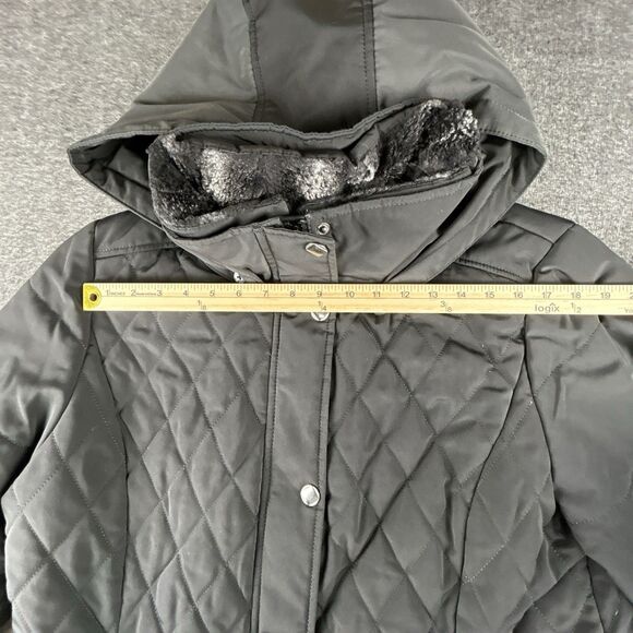 Croft & Barrow Quilted Puffer Coat Womens Sz XL Black Hooded Lined Faux Fur Neck - Picture 8 of 10